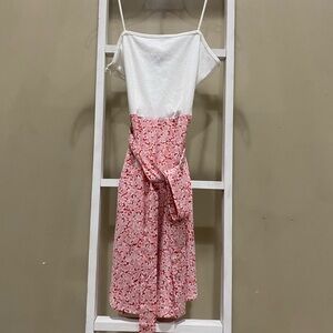 SHEIN Women’s XS White Ribbed Top Red Floral Midi Dress Tie Waist Summer 0172